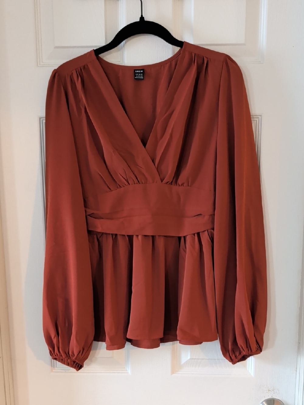 SHEIN Rust Long Sleeve V-Neck Peplum Blouse